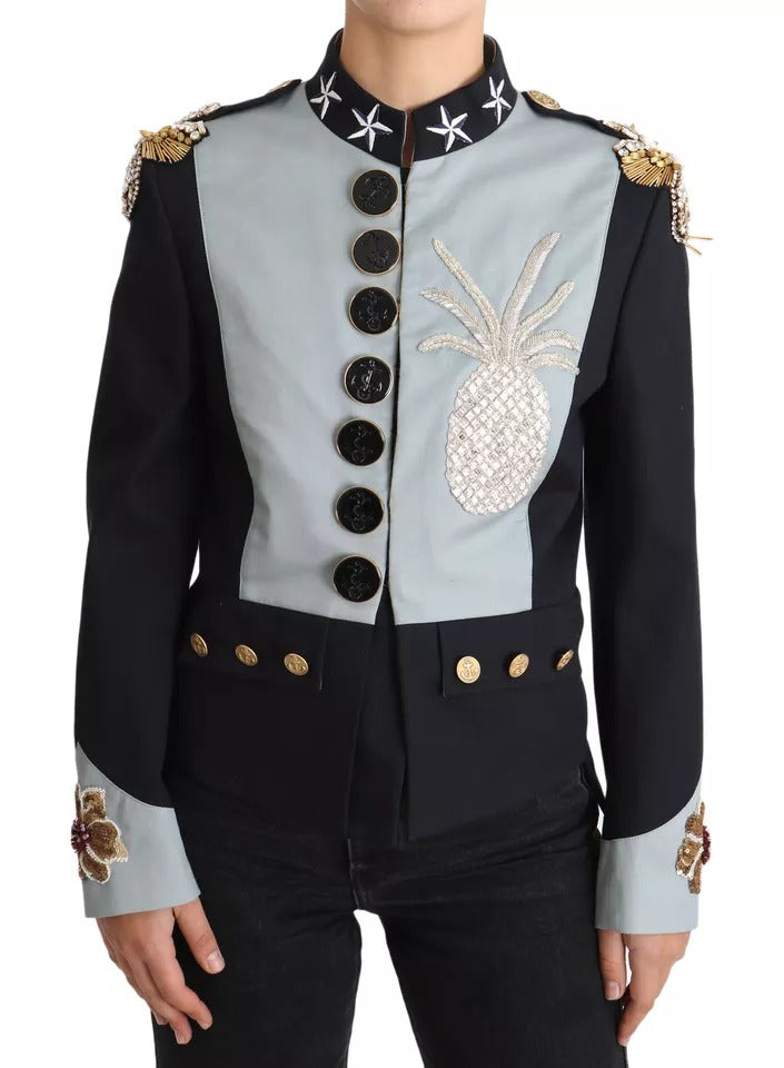 Chaqueta de algodón con botones azules y adornos de cristales