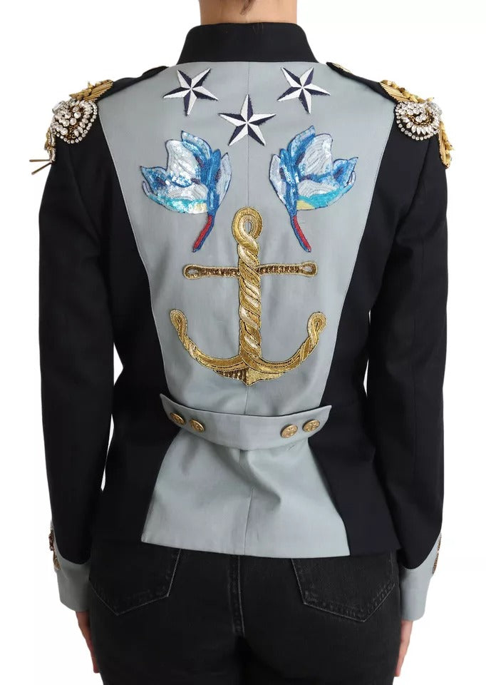 Chaqueta de algodón con botones azules y adornos de cristales