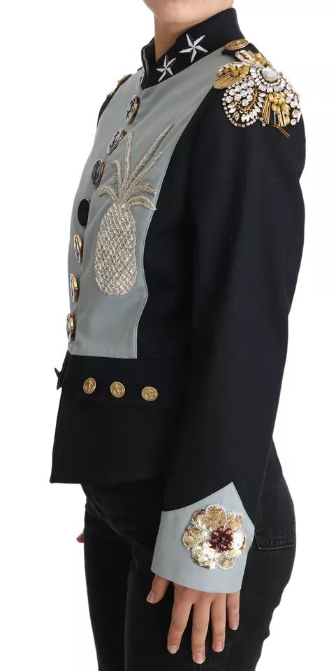 Chaqueta de algodón con botones azules y adornos de cristales