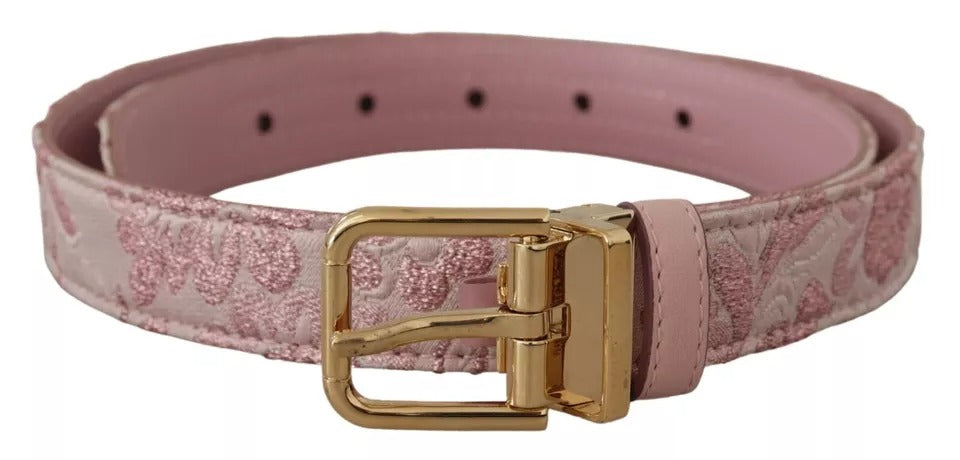 Cinturón con hebilla metálica dorada y bordado en jacquard rosa