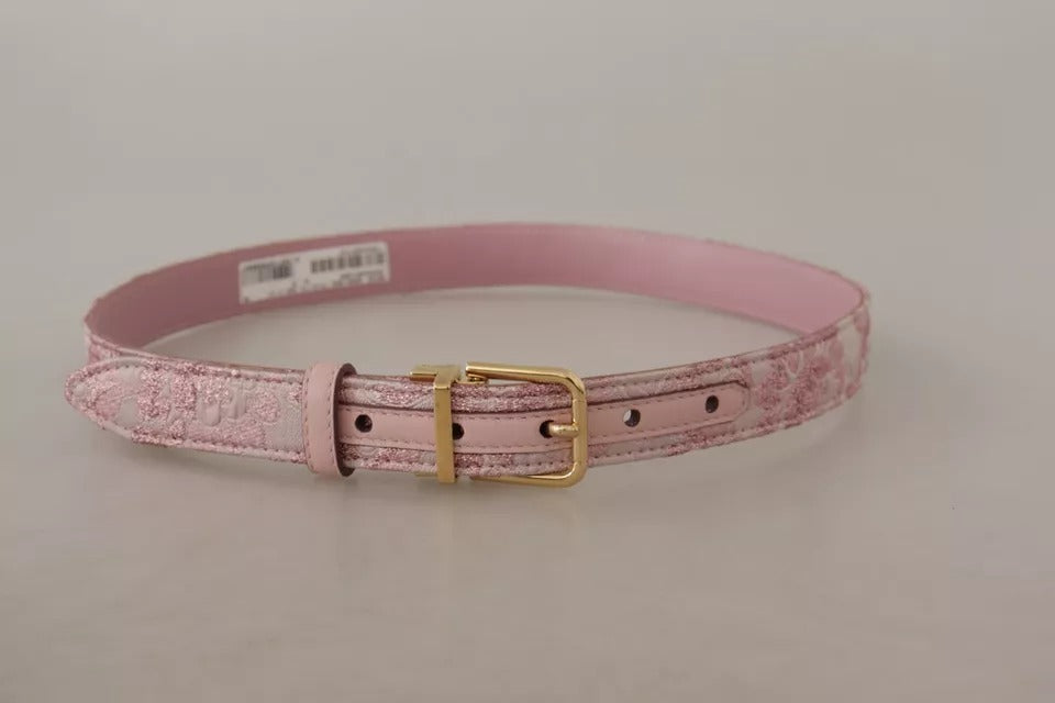 Cinturón con hebilla metálica dorada y bordado en jacquard rosa
