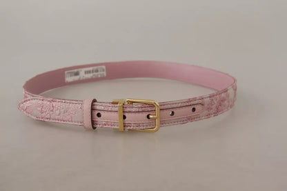 Cinturón con hebilla metálica dorada y bordado en jacquard rosa