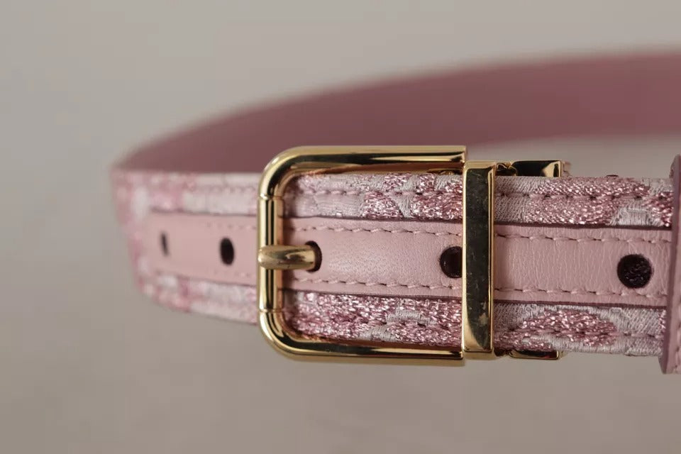 Cinturón con hebilla metálica dorada y bordado en jacquard rosa