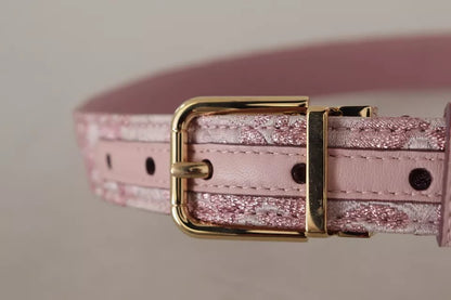 Cinturón con hebilla metálica dorada y bordado en jacquard rosa