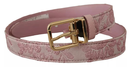 Cinturón con hebilla metálica dorada y bordado en jacquard rosa