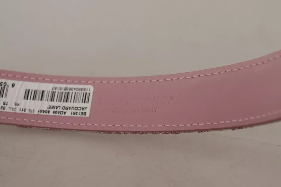 Cinturón con hebilla metálica dorada y bordado en jacquard rosa