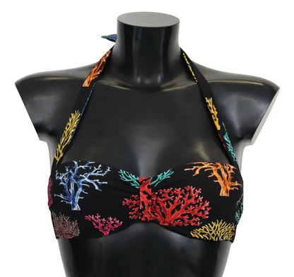 Traje de baño de playa con estampado de corales negros y parte superior de bikini