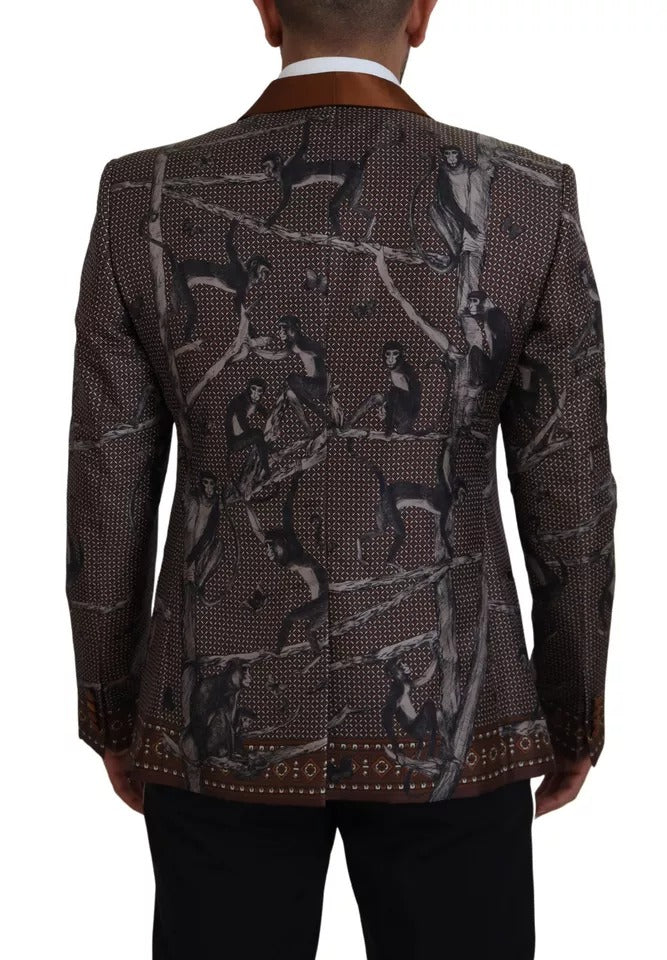 Chaqueta Blazer de seda entallada con estampado de monos de bronce