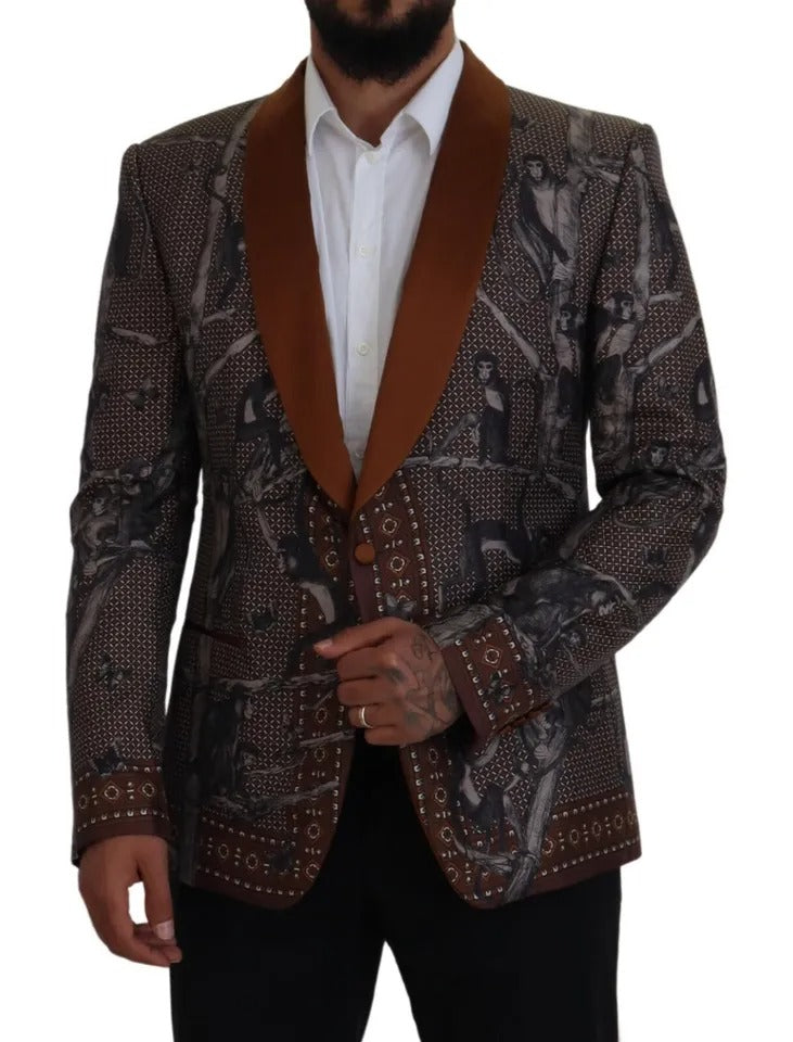 Chaqueta Blazer de seda entallada con estampado de monos de bronce