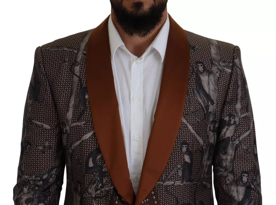 Chaqueta Blazer de seda entallada con estampado de monos de bronce
