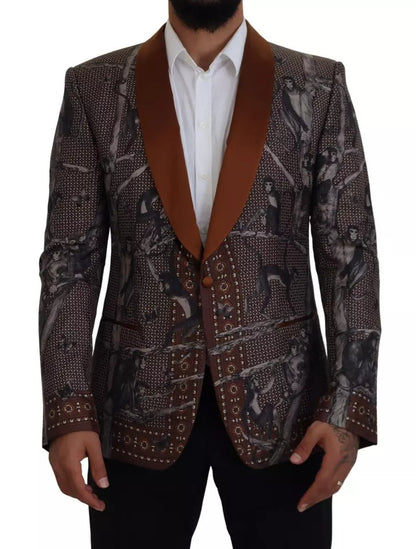 Chaqueta Blazer de seda entallada con estampado de monos de bronce