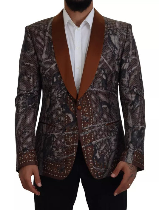 Chaqueta Blazer de seda entallada con estampado de monos de bronce