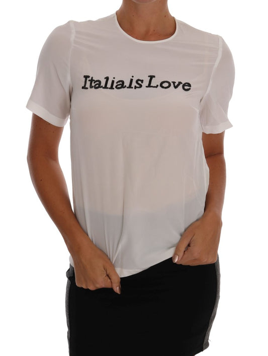 Blusa blanca de seda con lentejuelas «Italia Is Love»