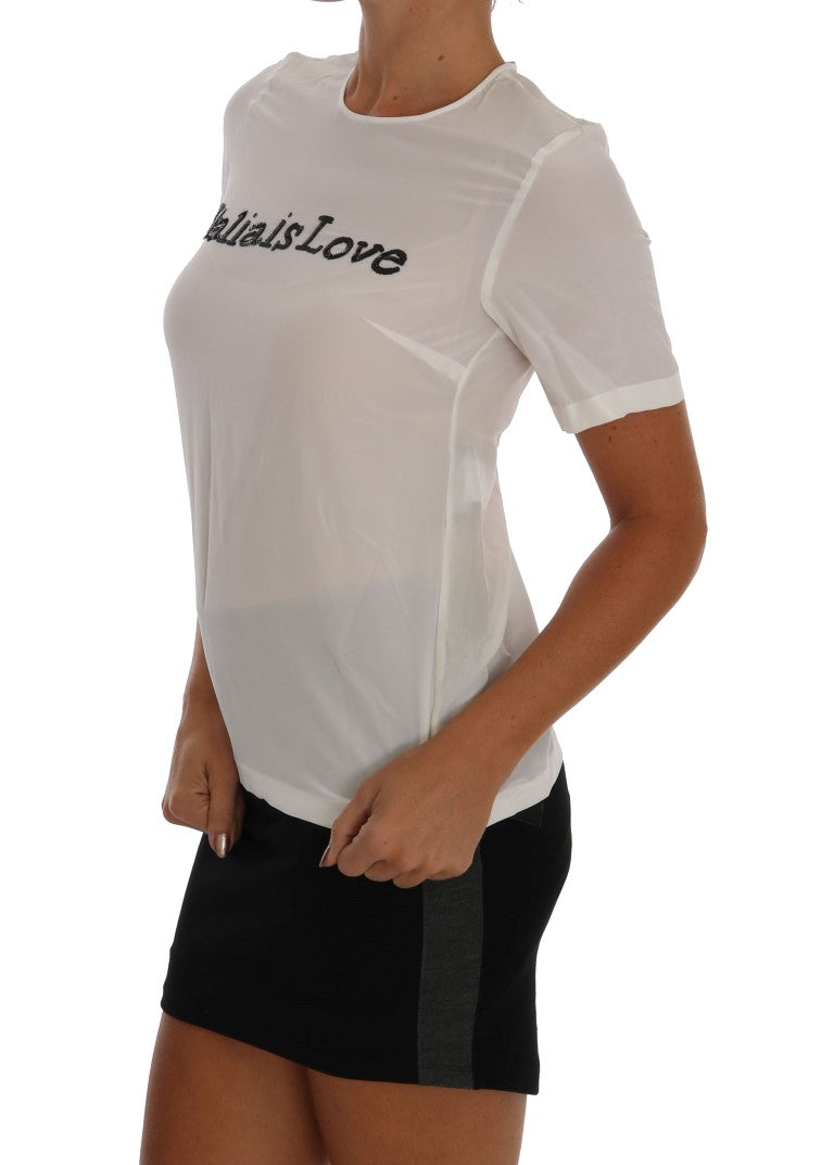 Blusa blanca de seda con lentejuelas «Italia Is Love»