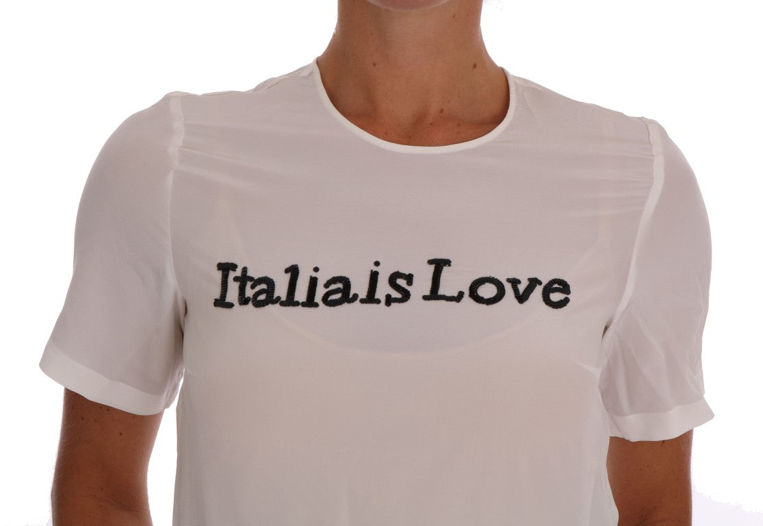 Blusa blanca de seda con lentejuelas «Italia Is Love»