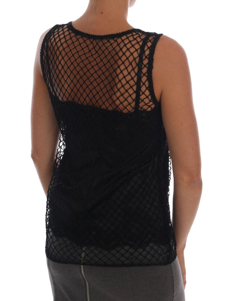 Elegante blusa camisola sin mangas de encaje negro