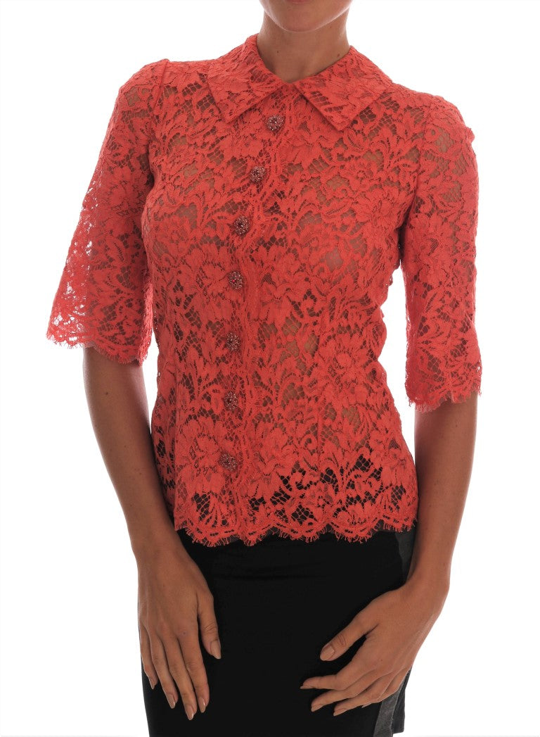 Elegante blusa tipo cárdigan con encaje floral naranja y cristales