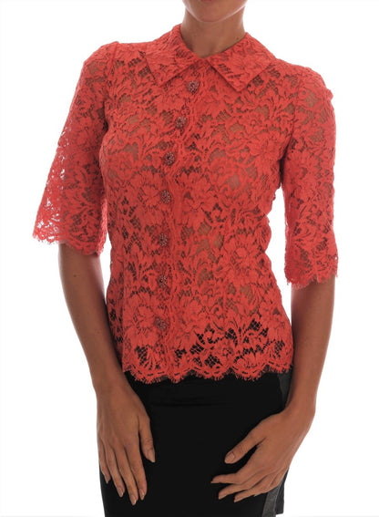 Elegante blusa tipo cárdigan con encaje floral naranja y cristales