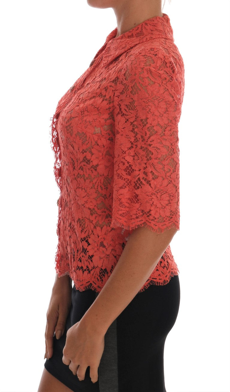 Elegante blusa tipo cárdigan con encaje floral naranja y cristales