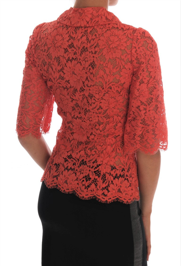 Elegante blusa tipo cárdigan con encaje floral naranja y cristales