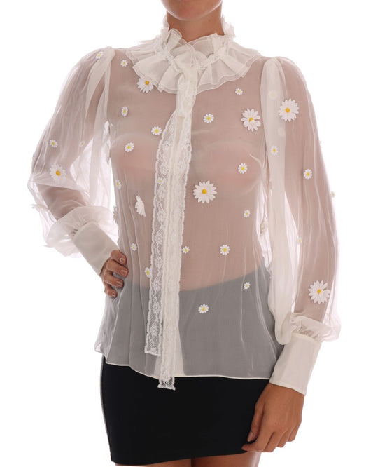 Elegante blusa de seda blanca con margaritas
