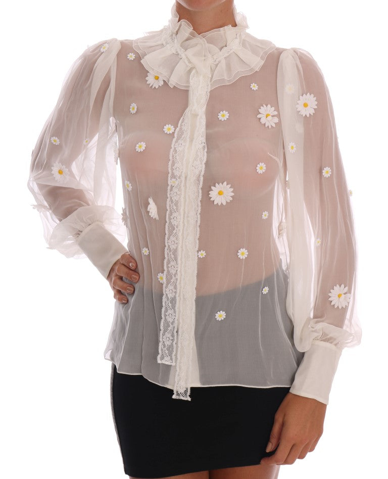 Elegante blusa de seda blanca con margaritas