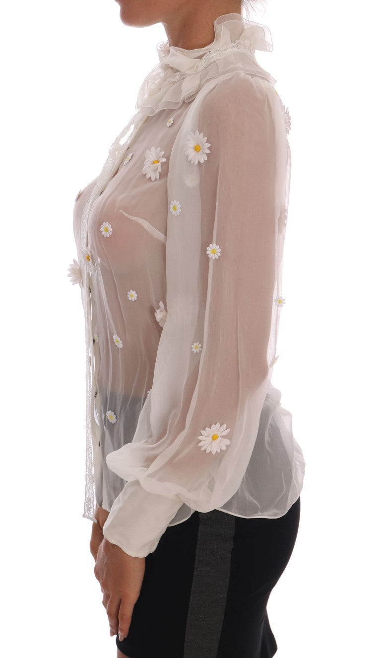 Elegante blusa de seda blanca con margaritas