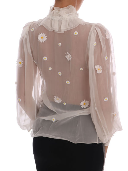 Elegante blusa de seda blanca con margaritas