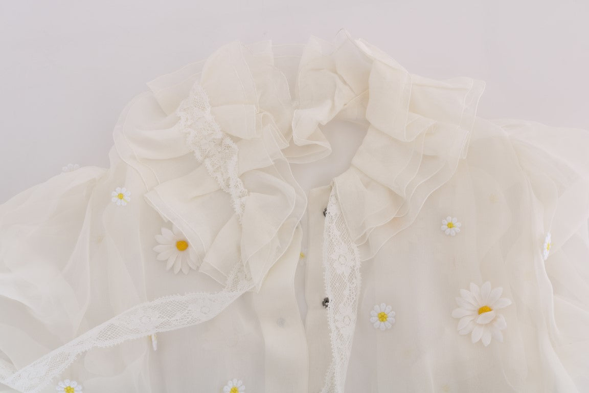 Elegante blusa de seda blanca con margaritas
