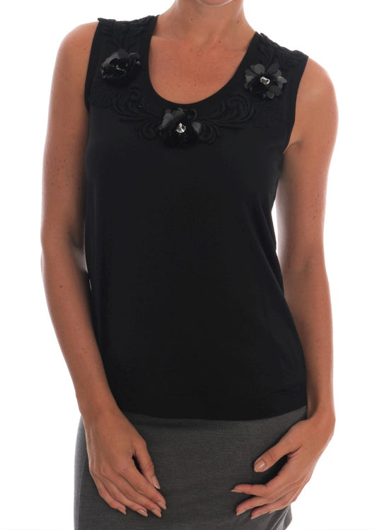 Blusa de tirantes con lentejuelas y flores negras