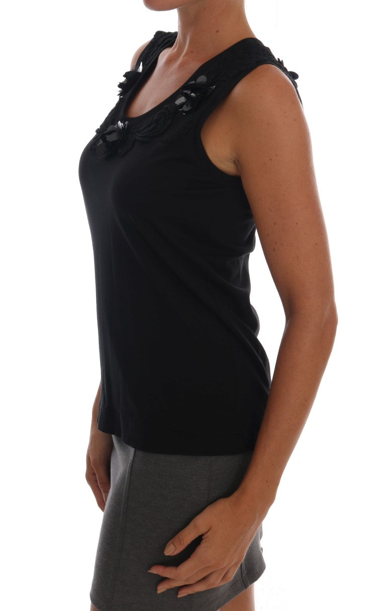 Blusa de tirantes con lentejuelas y flores negras