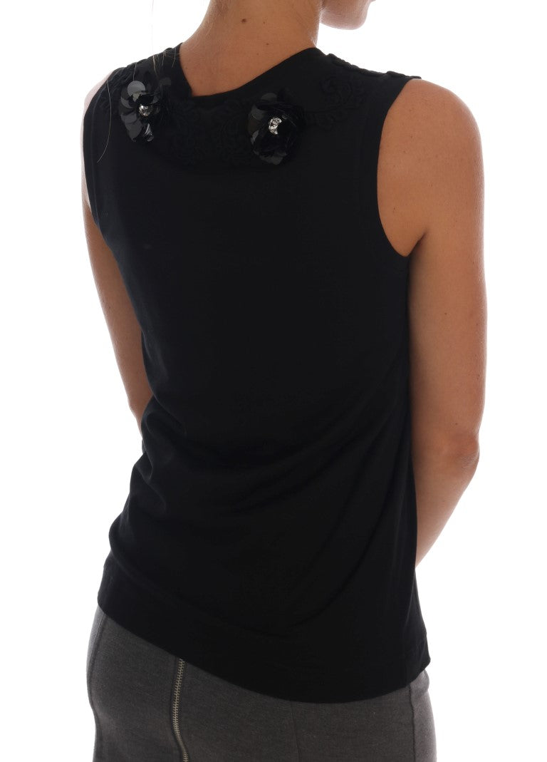 Blusa de tirantes con lentejuelas y flores negras