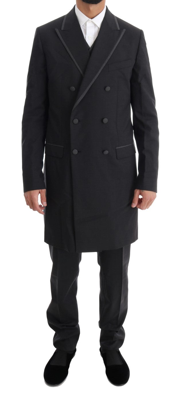 Elegante traje gris cruzado de lana