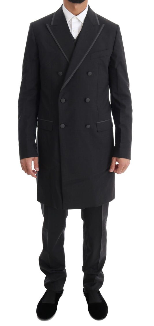 Elegante traje gris cruzado de lana