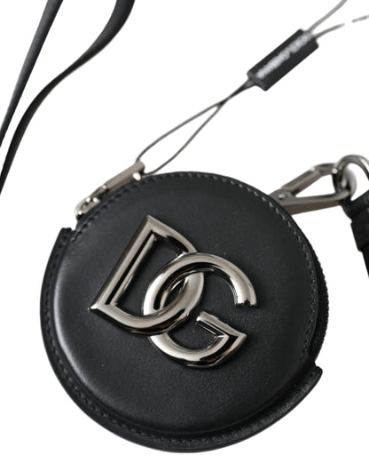 Monedero redondo de cuero negro con logotipo de DG y cordón