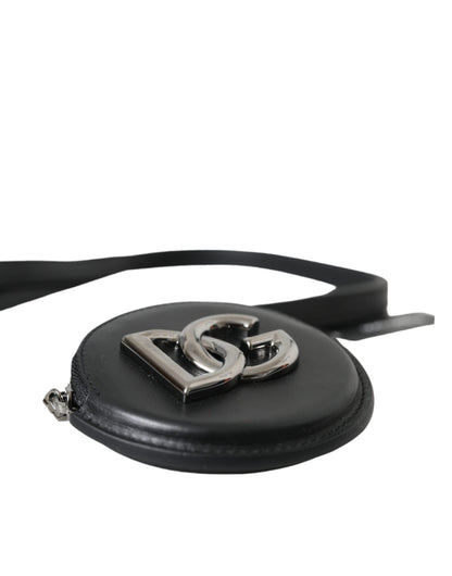 Monedero redondo de cuero negro con logotipo de DG y cordón