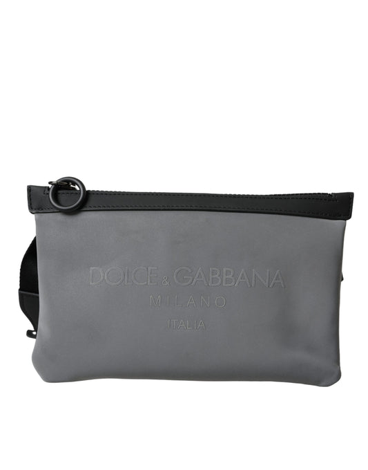Riñonera de neopreno gris con cremallera y logotipo