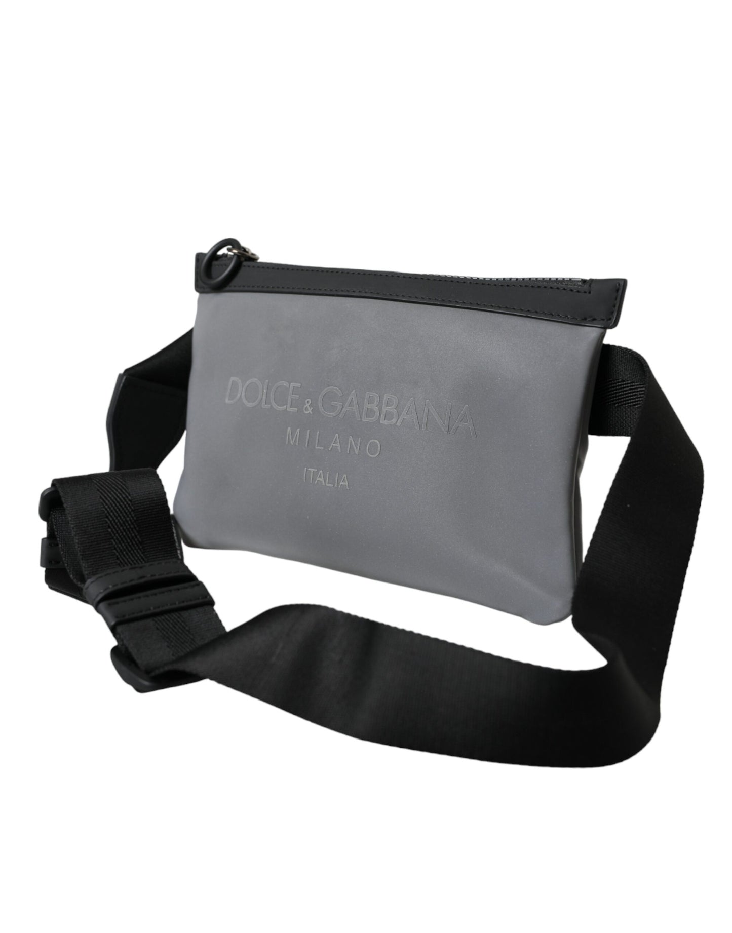 Riñonera de neopreno gris con cremallera y logotipo