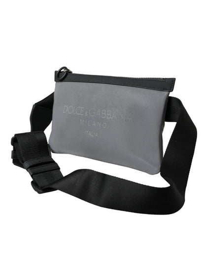 Riñonera de neopreno gris con cremallera y logotipo