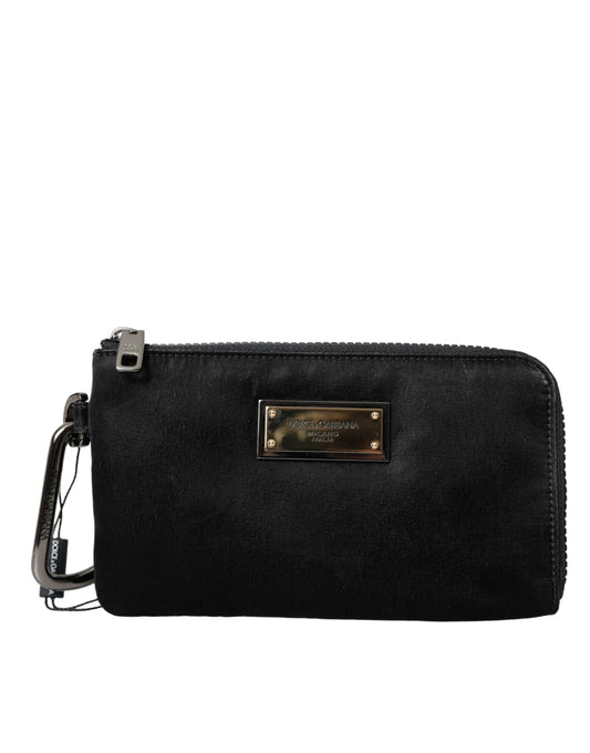 Bolso de mano con llavero y placa de logotipo de nailon negro