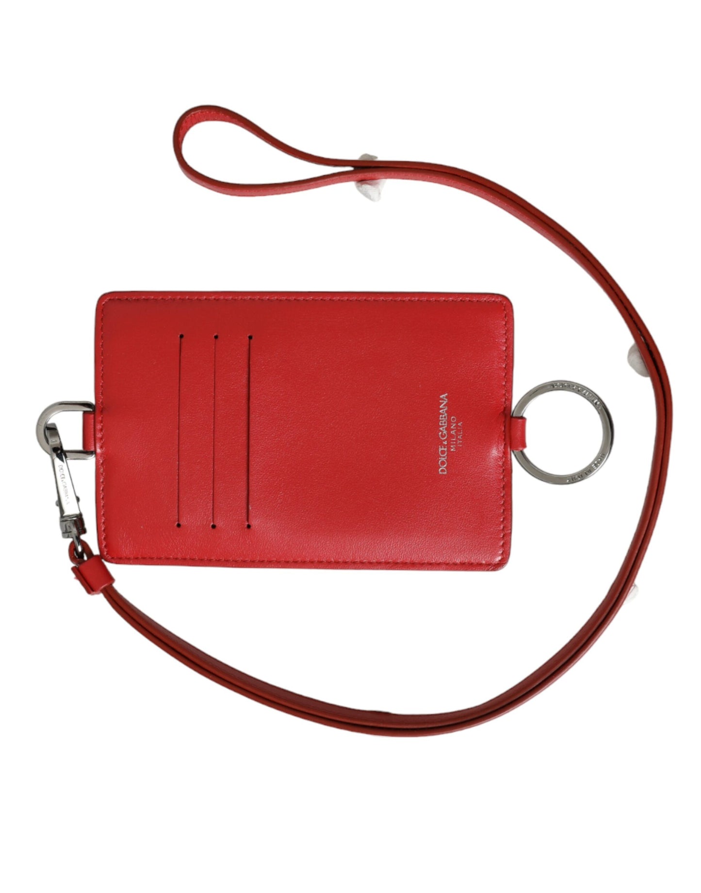 Cartera porta tarjetas con logotipo y cordón de piel de becerro roja