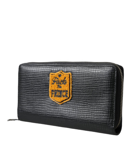 Cartera continental de cuero negro con cremallera y parche del logotipo