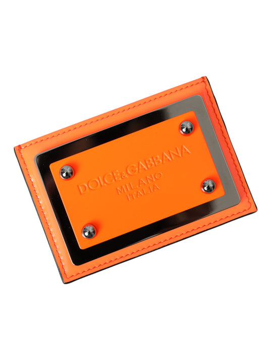 Cartera para tarjetas con placa del logotipo en cuero negro y naranja