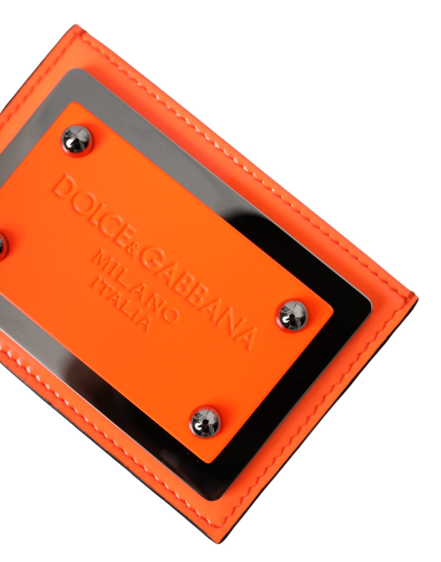 Cartera para tarjetas con placa del logotipo en cuero negro y naranja