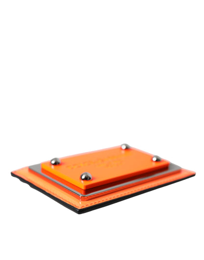 Cartera para tarjetas con placa del logotipo en cuero negro y naranja