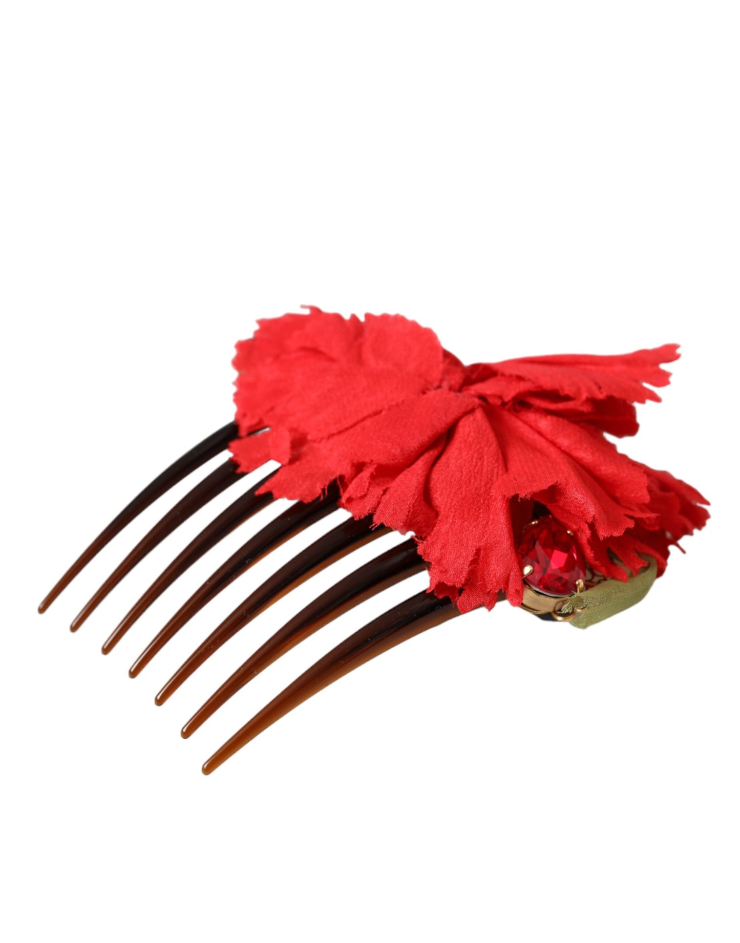 Peineta para el cabello de mujer de latón dorado con flores de seda roja