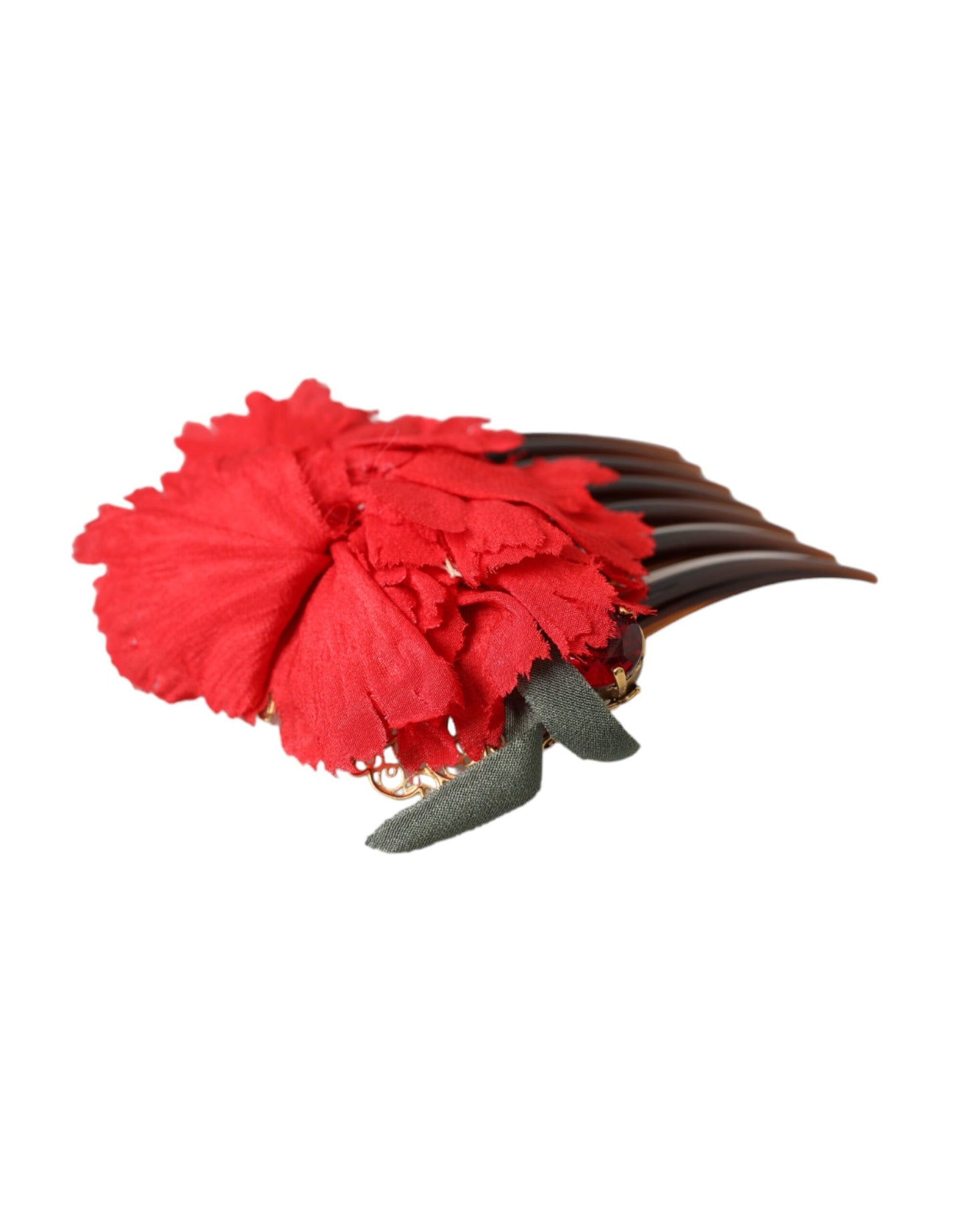 Peineta para el cabello de mujer de latón dorado con flores de seda roja