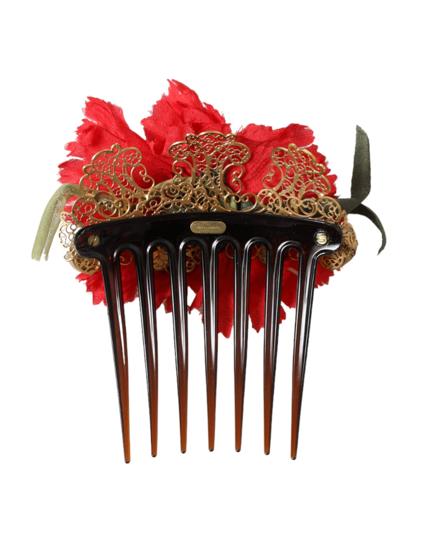 Peineta para el cabello de mujer de latón dorado con flores de seda roja