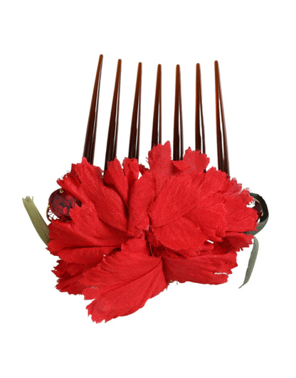 Peineta para el cabello de mujer de latón dorado con flores de seda roja