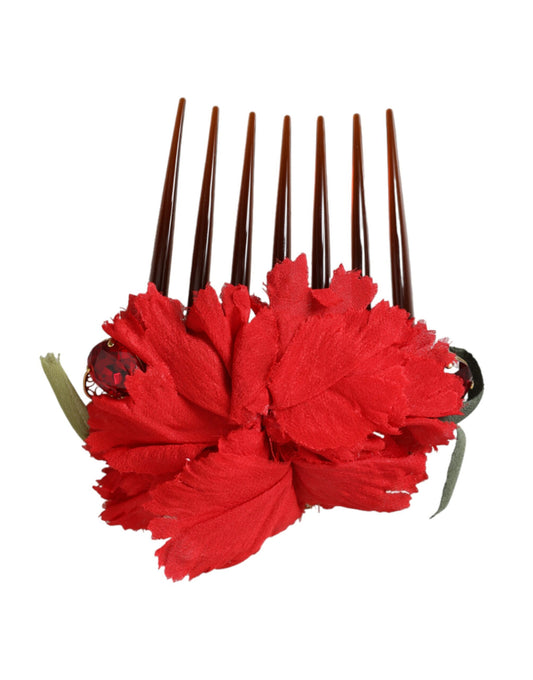 Peineta para el cabello de mujer de latón dorado con flores de seda roja